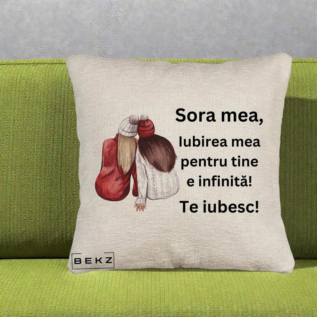Cadou pentru Sora - Perna Personalizata Sora Mea Te Iubesc Doua Fete Iarna Acuarela, 40x40 cm, Bej Canapea, Husa Detasabila, Perna Inclusa, BEKZ®