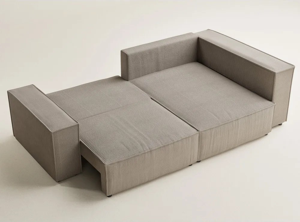 Colțar bej extensibil/cu spațiu de depozitare cu tapițerie din catifea reiată (cu colț pe partea dreaptă/în formă de ”L”) Tonga – Maison de Rêve