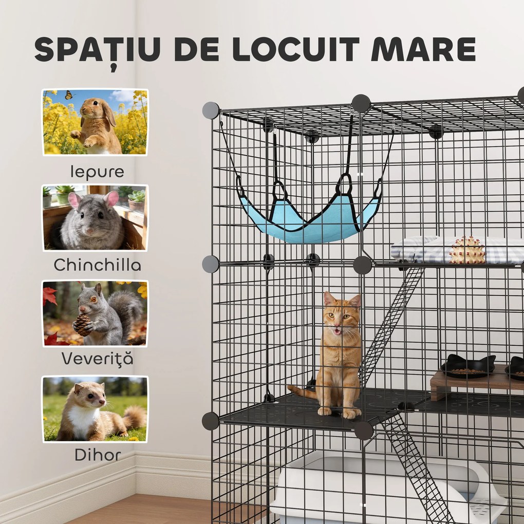 PawHut Cușcă pentru Pisici 105 cm de Interior, Recinto din Oțel cu 3 Uși, Design Personalizabil DIY pentru Pisoi, Spațiu pe 3 Niveluri cu Scări, Hamac și Platformă, Negru | Aosom Romania