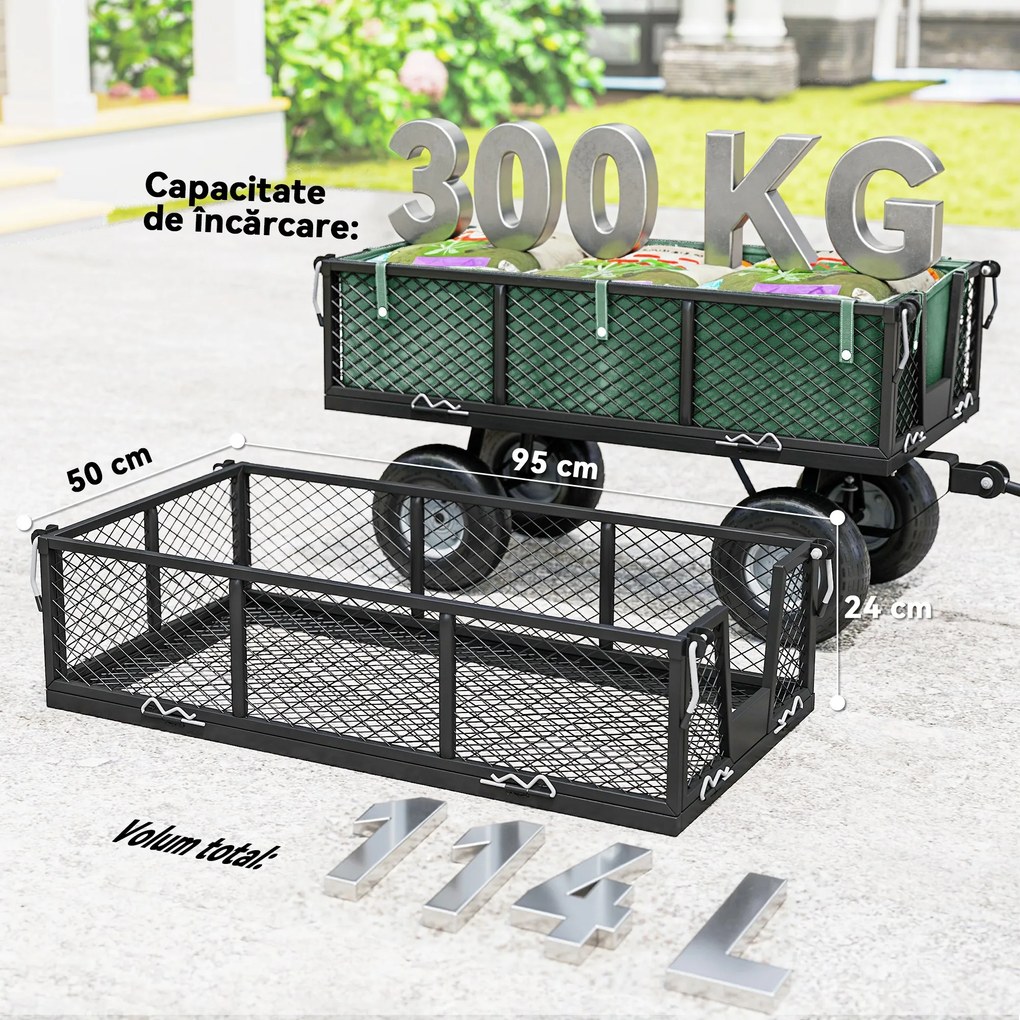 Outsunny Cărucior de Grădină de 114L cu Pereți Laterali Detașabili și Mâner Rotativ, 105x51x54 cm, Negru | Aosom Romania