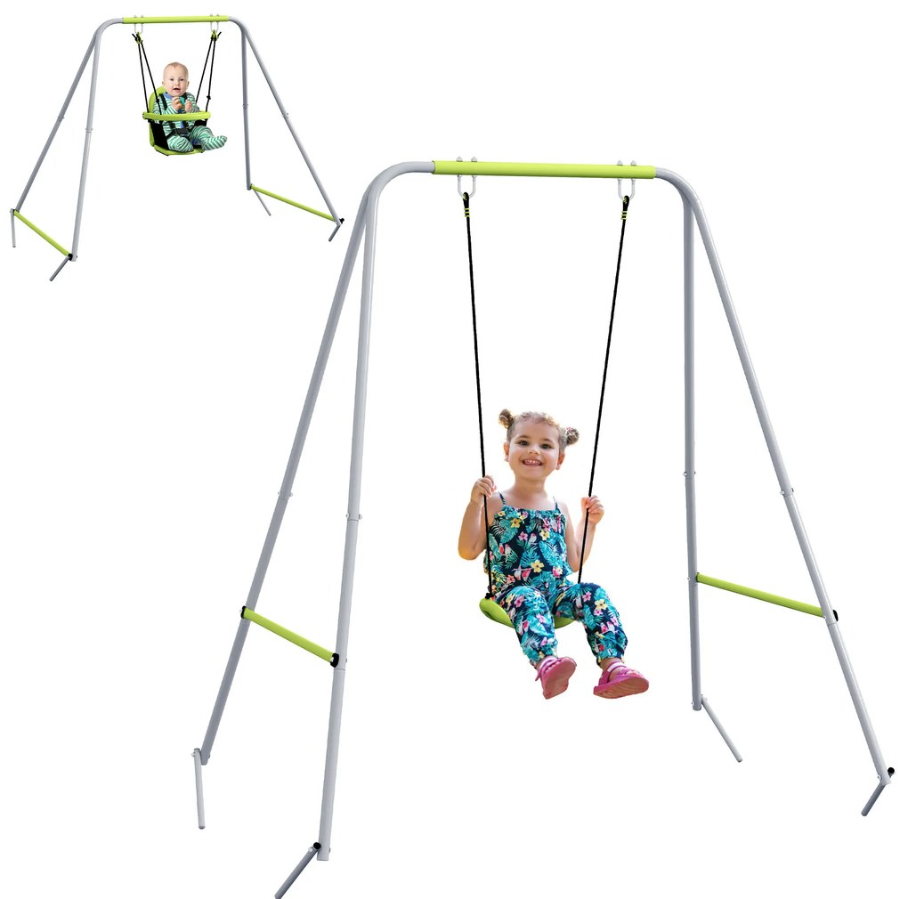 Outsunny Balansoar portic balansoar 2 în 1 pentru bebeluși curea de siguranță cu 5 puncte interior exterior verde | Aosom Romania