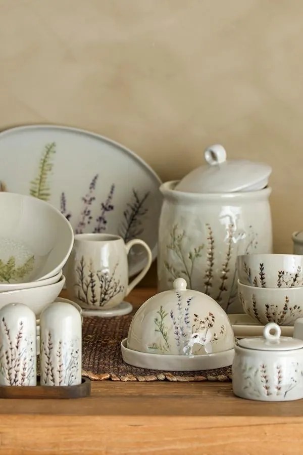 Set 6 căni din ceramică, natur, cu ilustrații botanice pictate manual, 10x10.5 cm, „Bea"