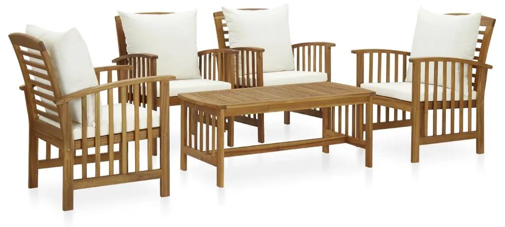 Set mobilier de gradina cu perne, 5 piese, lemn masiv de acacia Alb, 4x fotoliu + masa, 1