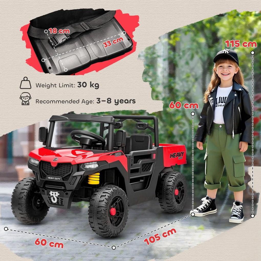 AIYAPLAY Mașină Electrică pentru Copii UTV 12V Off-road cu Portbagaj, 2 Motoare, Centură în 3 Puncte, Telecomandă, Suspensii, USB, Muzică, Lumini, 1.8-3.7 km/h, 3-8 Ani, Roșu | Aosom Romania