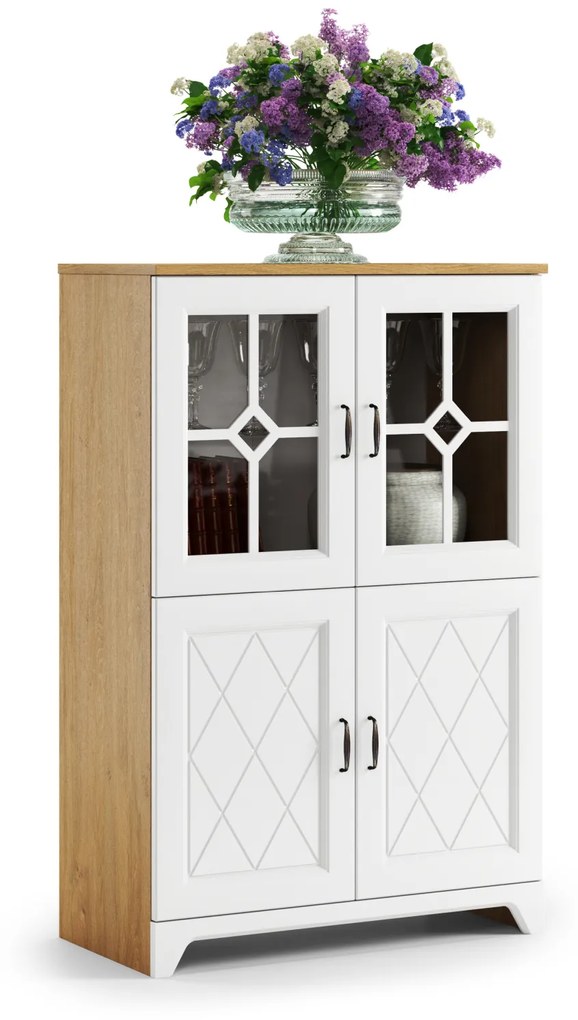 Mazzoni Mobilier dulap de perete PROVENZA Stejar Piatră/Alb Mat - COMODĂ MARE TV COMODĂ CU VITRINĂ ȘI RAFTURI PENTRU LIVING RETRO