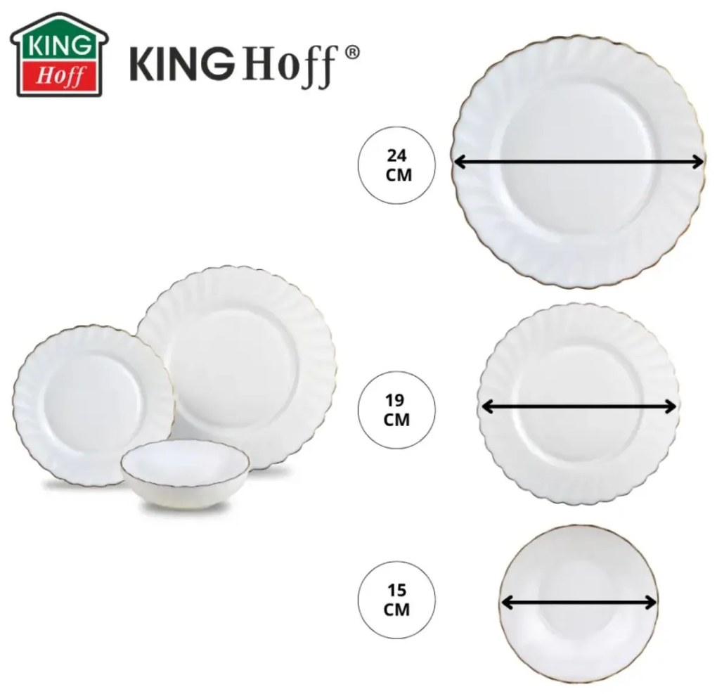 Set farfurii 18 piese, opal, alb cu auriu Kinghoff KH-1921
