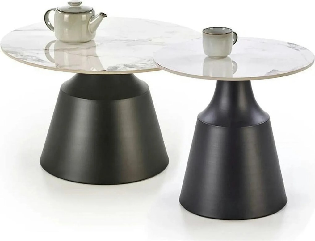 Set 2 masute cafea MAGNETA, alb cu efect de marmura/negru, piatra sint