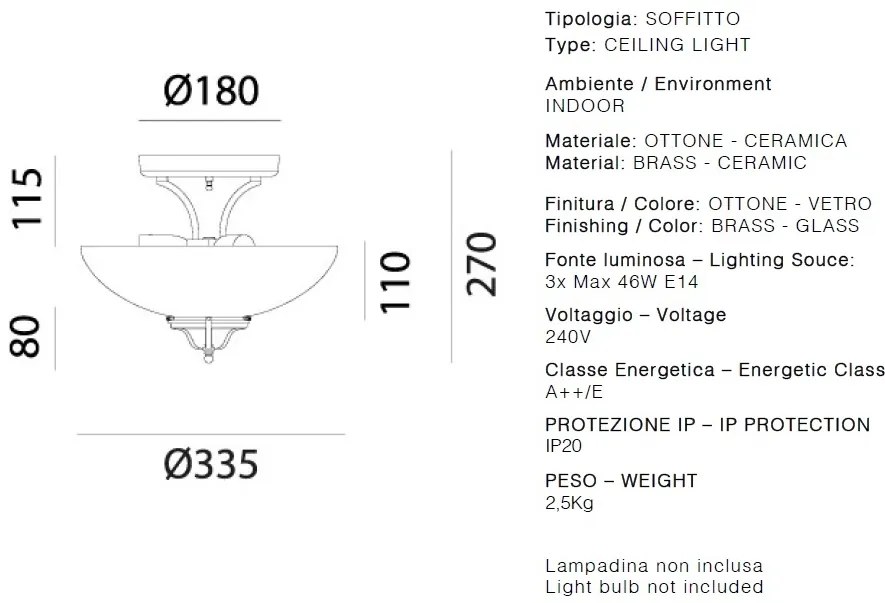 Plafoniera din alama cu sticla Murano Country 33,5cm