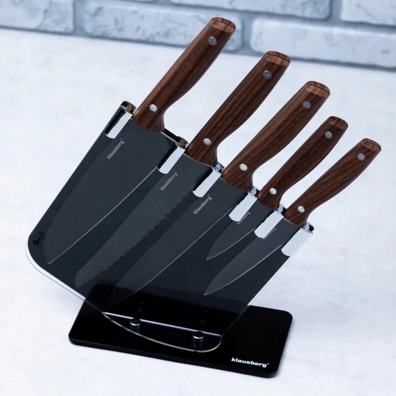 Set de cuțite cu suport Klausberg KB 7616, 6 piese, oțel inoxidabil, maro/gri