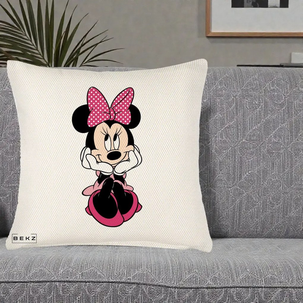 Perna Personalizata Minnie Mouse cu Fundita, 40x40 cm, Crem Reliefat, Husa Detasabila, Perna Inclusa, BEKZ®