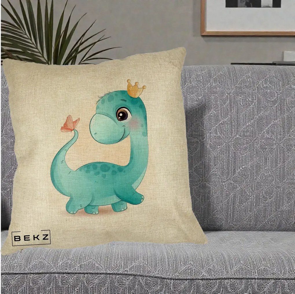 Perna Personalizata Dinozaur Bland Coroana Kawaii, 40x40 cm, Crem, Husa Detasabila, Perna Inclusa, BEKZ®