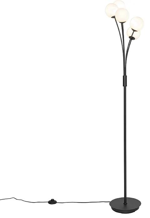 Lampă de podea modernă neagră cu sticlă opal 5 lumini - Atena