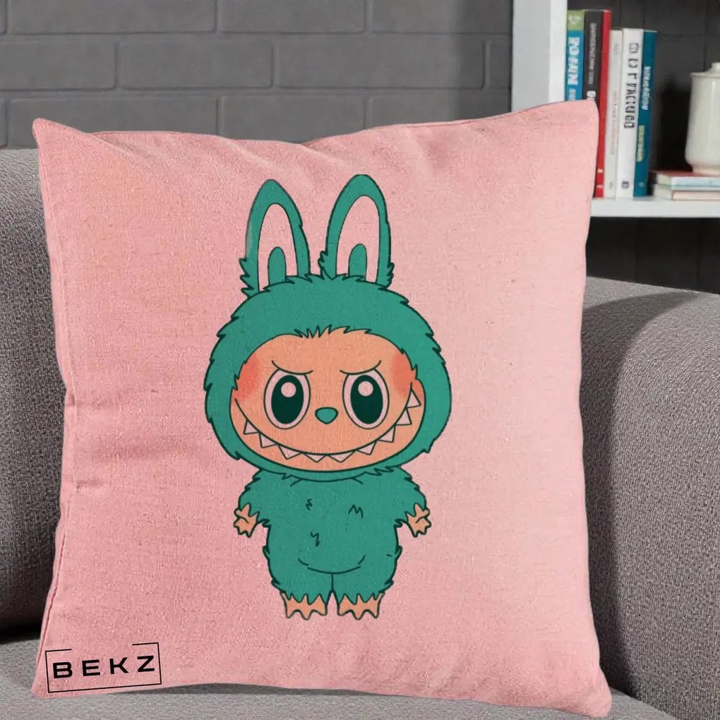Perna Personalizata Labubu Turcoaz, 40x40 cm, Roz, Husa Detasabila, Perna Inclusa, BEKZ®