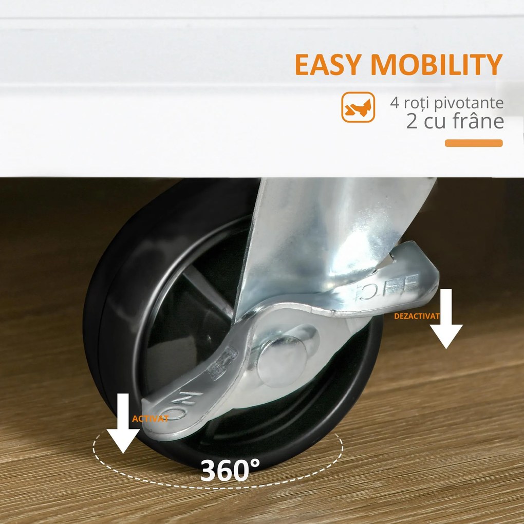 HOMCOM Cărucior Bucătărie cu 3 Niveluri, 2 Sertare Culisante, 4 Roți, Raft Reglabil, Design Modern, Alb și Lemn Natural, 89x45x89cm | Aosom Romania