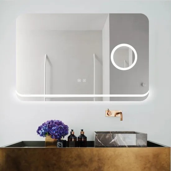 Oglindă Baie LED și Dezaburire Elit's Premium cu Senzor Touch, Lumina Rece, Caldă și Neutră, 90x60cm, Lupa Cosmetica