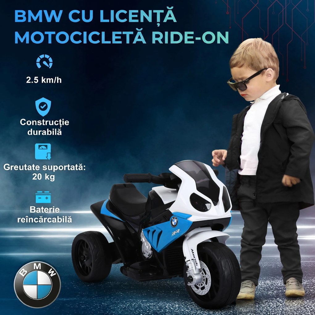 HOMCOM Motocicletă Electrică pentru Copii 18-36 Luni cu Licență BMW, 6V, 3 Roți, Faruri, Muzică, 2,5 km/h, Max 20kg, Albastru | Aosom Romania