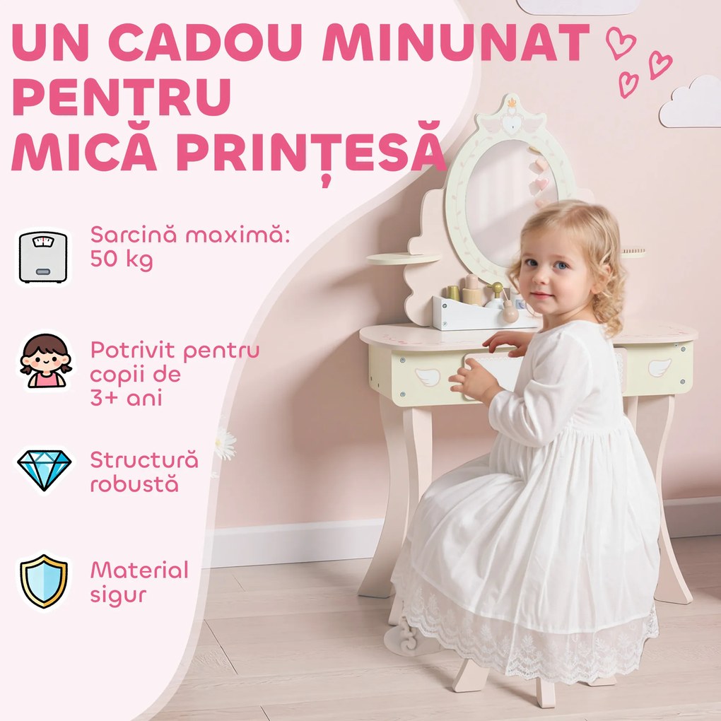 AIYAPLAY Set Masă de Toaletă pentru Copii cu Oglindă și Scaunel, 7 Accesorii de Joc, Sertar, Depozitare pe Birou, Roz | Aosom Romania