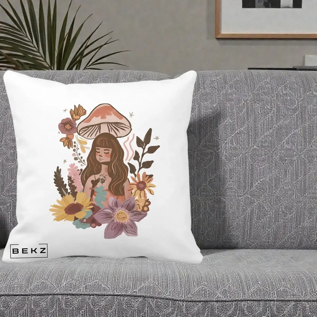 Perna Decorativa Fata Ciuperca Boho Florala, 40x40 cm, Alba Mata, Husa Detasabila, Perna Inclusa, BEKZ®