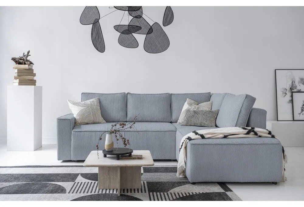 Colțar gri deschis extensibil cu tapițerie din catifea reiată (cu colț pe partea dreaptă) Brave Dave – Miuform