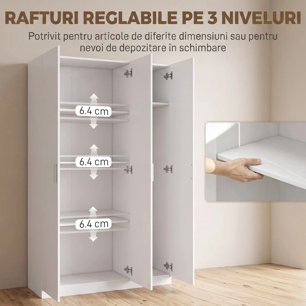 HOMCOM Dulap cu Rafturi Reglabile și Uși cu Închidere Lentă pentru Dormitor, Alb | Aosom Romania