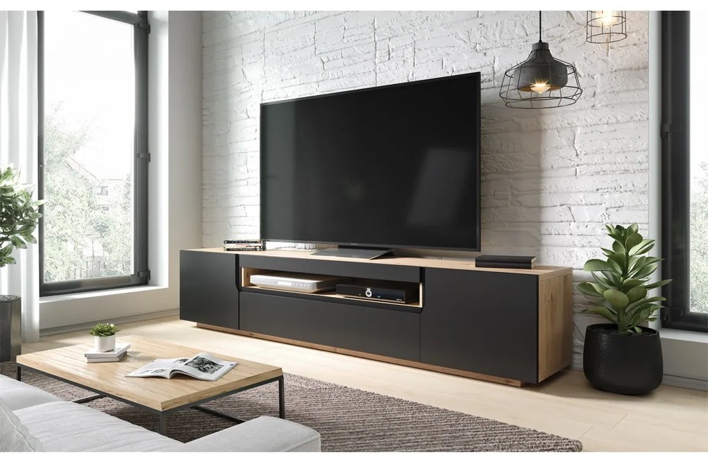 Comodă TV Loftia 200 cm cu două uși și nișă - stejar artisan / negru mat
