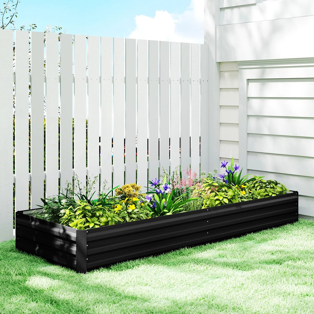 Outsunny Pat de grădină dreptunghiular jardiniere exterioară 241 x 90,5 x 30 cm tablă de oțel ondulată negru | Aosom Romania