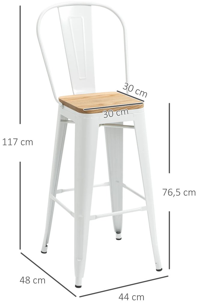 HOMCOM Set de 4 taburete de bar industrial cu spătar suport pentru picioare înălțime 76 cm oțel crem | Aosom Romania