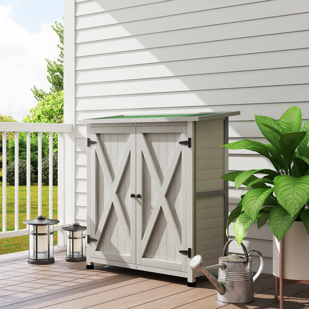 Outsunny Dulap de Exterior din Lemn, Căsuță pentru Unelte cu 2 Rafturi și Acoperiș Impermeabil, 110x55x117 cm, Gri | Aosom Romania