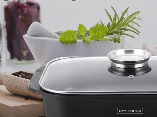 Tava roaster pentru cuptor cu capac termorezistent Royalty Line Rl-ACR34, 6 L, marmorata, neagra