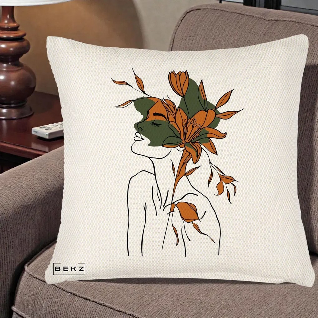 Perna Decorativa Portret Feminin Crin Auriu, 40x40 cm, Crem Reliefat, Husa Detasabila, Perna Inclusa, BEKZ®