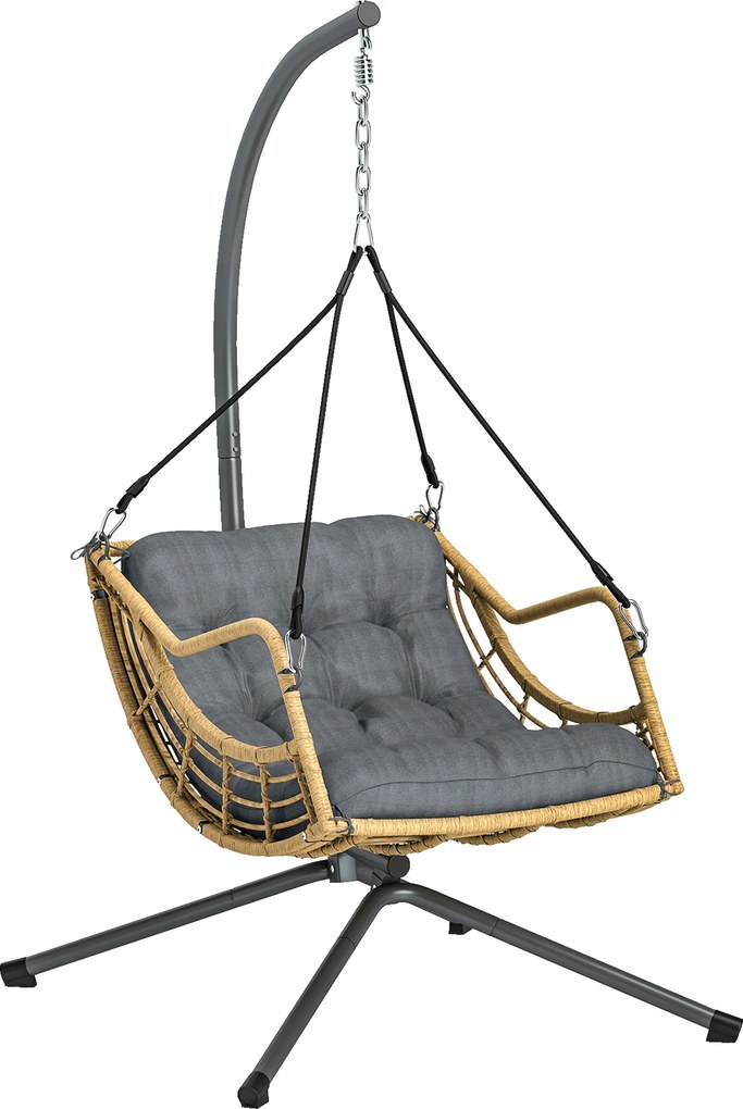Outsunny Fotoliu suspendat din rășină împletită cu suport, scaun suspendat, pernă, prindere de siguranță, înălțime reglabilă, gri | Aosom Romania