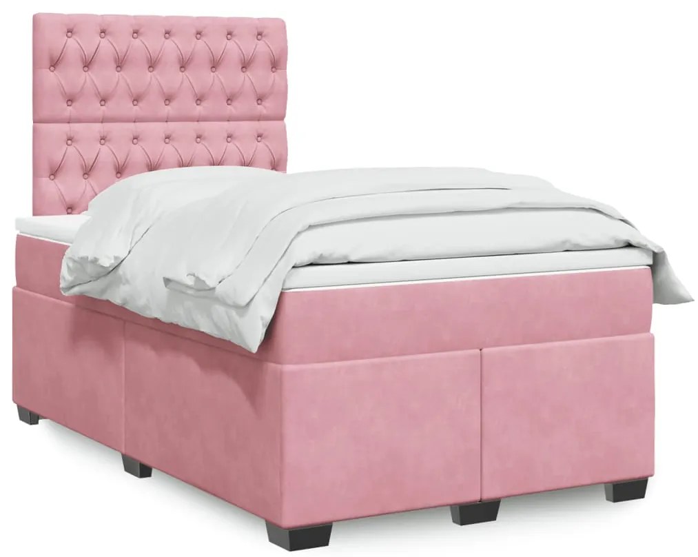 vidaXL Pat box spring cu saltea, roz, 120x200 cm, catifea