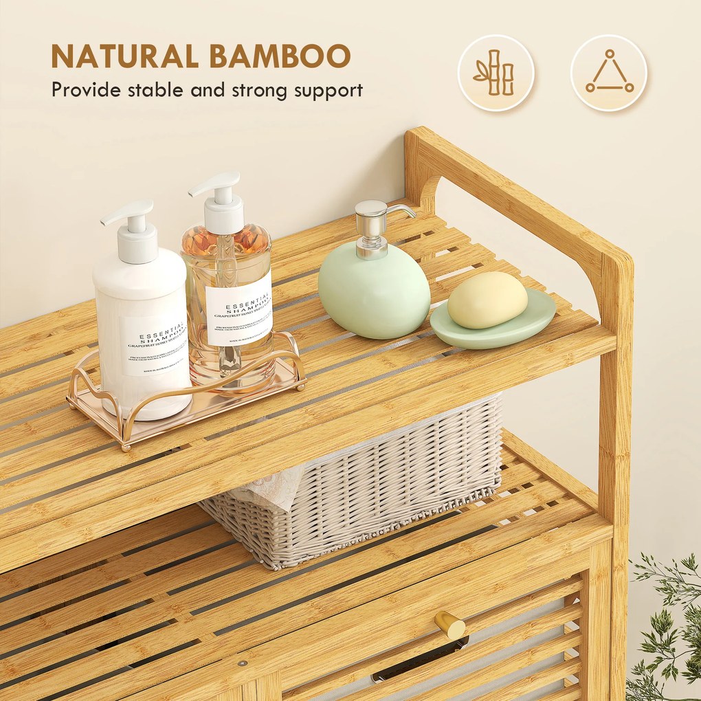 HOMCOM Mobilier pentru Rufe de Baie cu 2 Compartimente Basculante, 82L, Suport pentru Rufe Murdare din Bambus cu Coșuri Detașabile și Lavabile și 2 Rafturi, pentru Spălătorie și Baie, 82x33x88 cm, Culoare Lemn | Aosom Romania