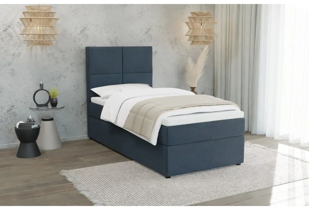 Pat albastru închis tapițat cu spațiu de depozitare cu somieră 80x200 cm Lena – Ropez