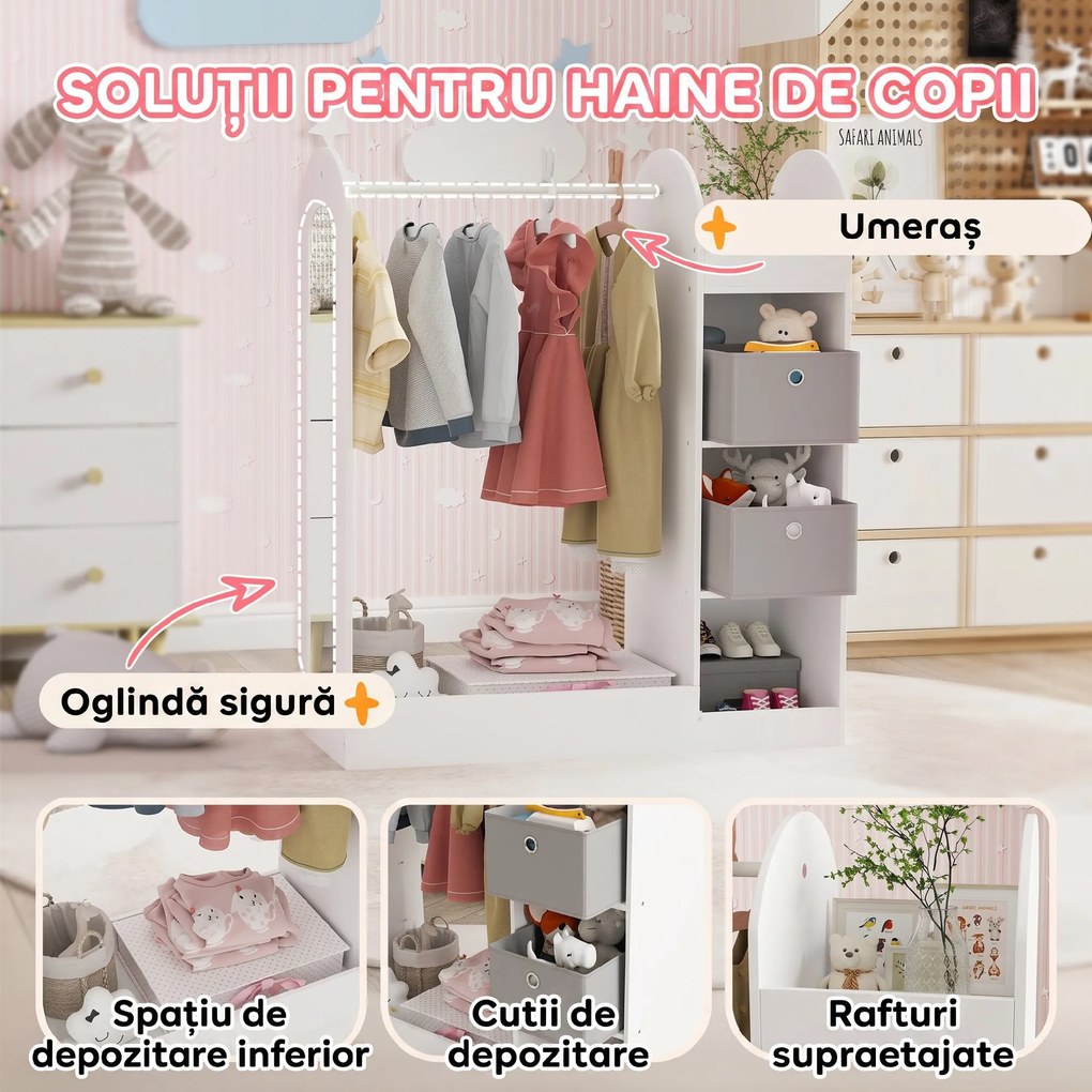 AIYAPLAY Cuier pentru Copii cu Cutii și Oglindă, Alb | Aosom Romania