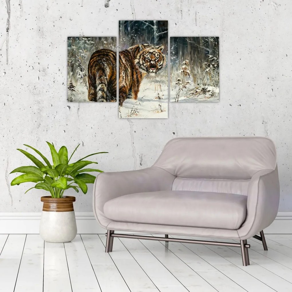 Tablou - Tigru într-o pădure înzăpezită, pictură în ulei (90x60 cm)