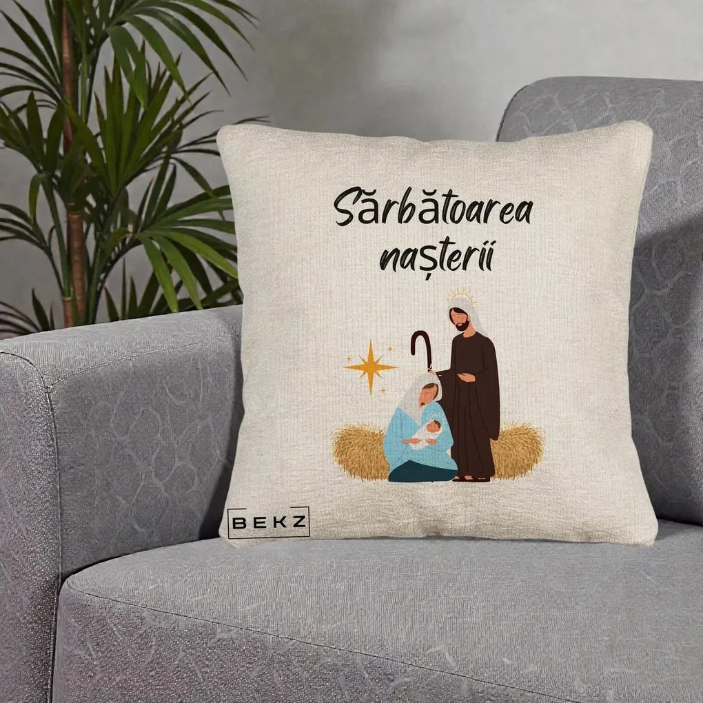 Perna Decorativa Nasterea Domnului Sfanta Familie Sarbatoarea Nasterii, 40x40 cm, Bej Canapea, Husa Detasabila, Perna Inclusa, BEKZ®