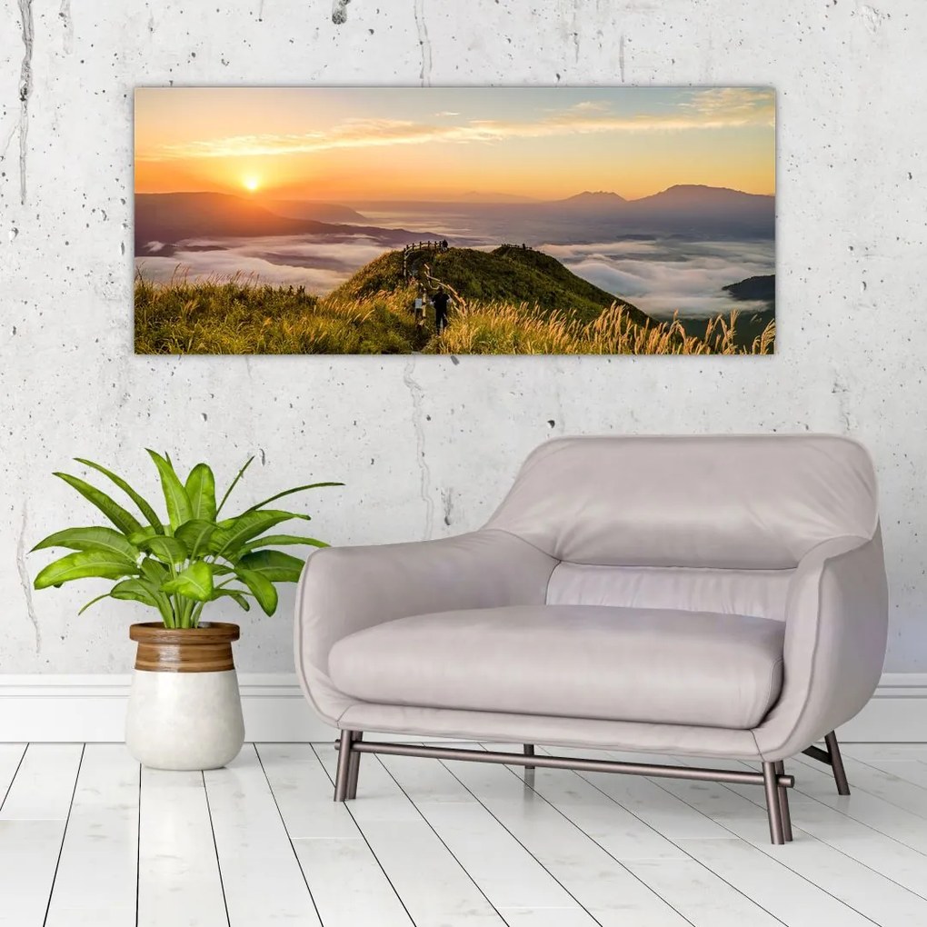 Tablou cu munți în apus de soare (120x50 cm)