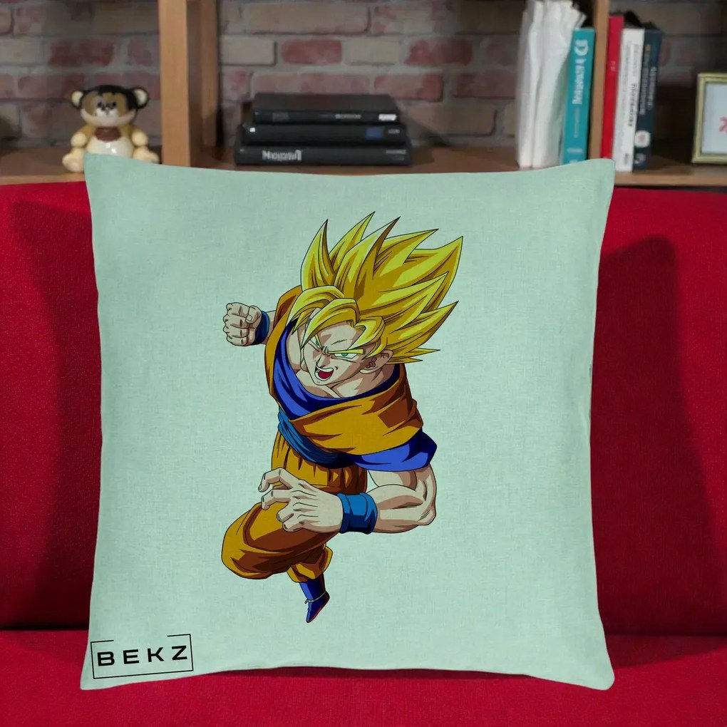 Perna Personalizata Dragon Ball Goku Super Saiyan 2 Lupta, 40x40 cm, Verde Menta, Husa Detasabila, Perna Inclusa, BEKZ®
