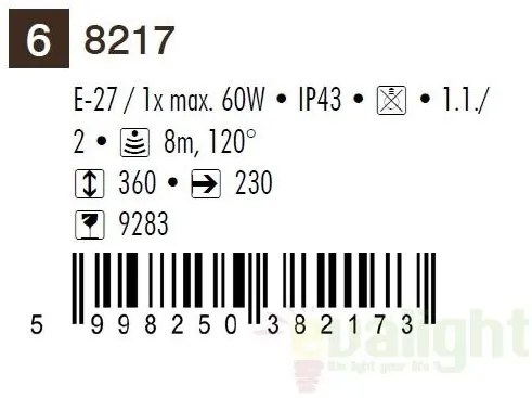 Aplica de perete exterior cu senzor, IP43, up light, negru Velence 8217 RX