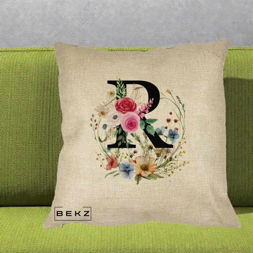 Cadou Personalizat - Perna Personalizata Monogram Litera R cu Flori Acuarela, 40x40 cm, Crem, Husa Detasabila, Perna Inclusa, BEKZ®