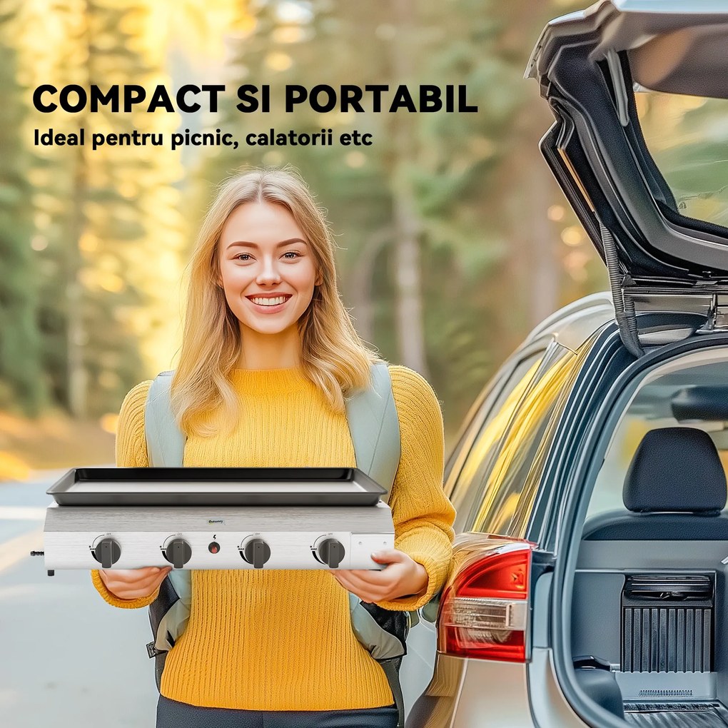 Outsunny Grătar pe Gaz cu 4 Arzătoare, Picioare Reglabile și Tavă de Colectare a Grăsimii, 77x44.5x19 cm, Argintiu | Aosom Romania