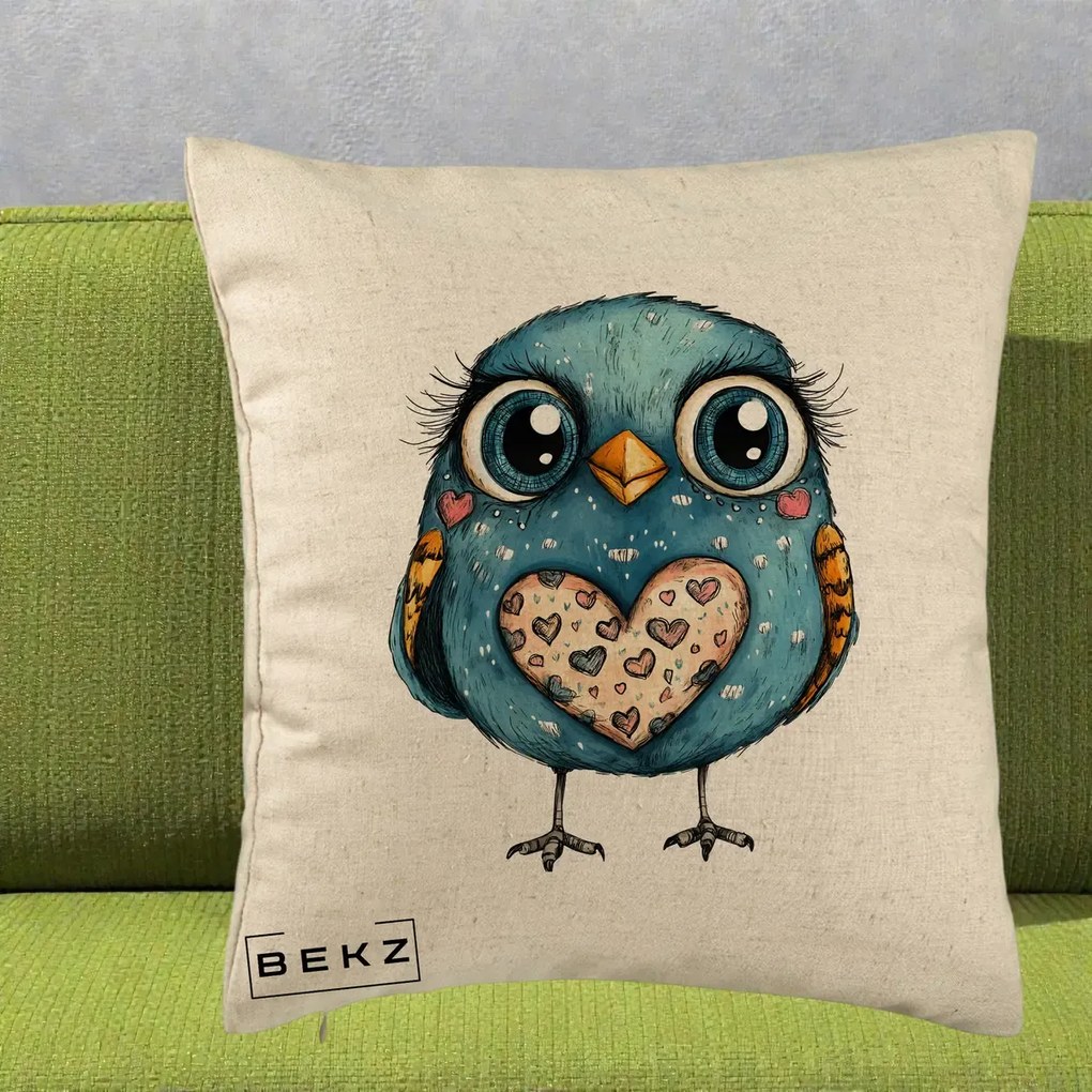 Perna Decorativa Bufnita Albastra cu Inimioare, 40x40 cm, Bej, Husa Detasabila, Perna Inclusa, BEKZ®