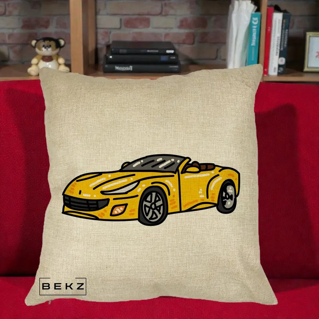 Perna Personalizata Masina Cabriolet Galbena Grafic, 40x40 cm, Crem, Husa Detasabila, Perna Inclusa, BEKZ®