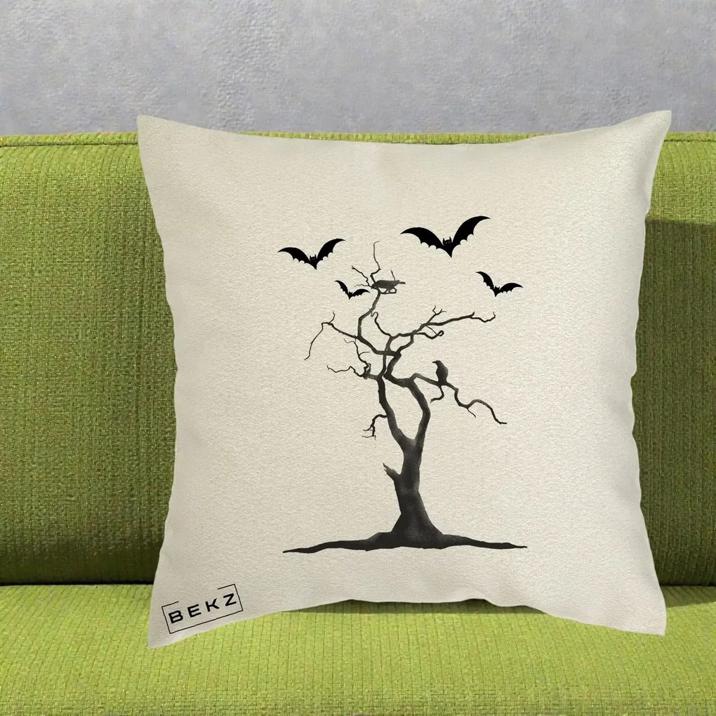 Perna Decorativa Halloween Copac cu Lilieci Alb-Negru, 40x40 cm, Ecru, Husa Detasabila, Perna Inclusa, BEKZ®