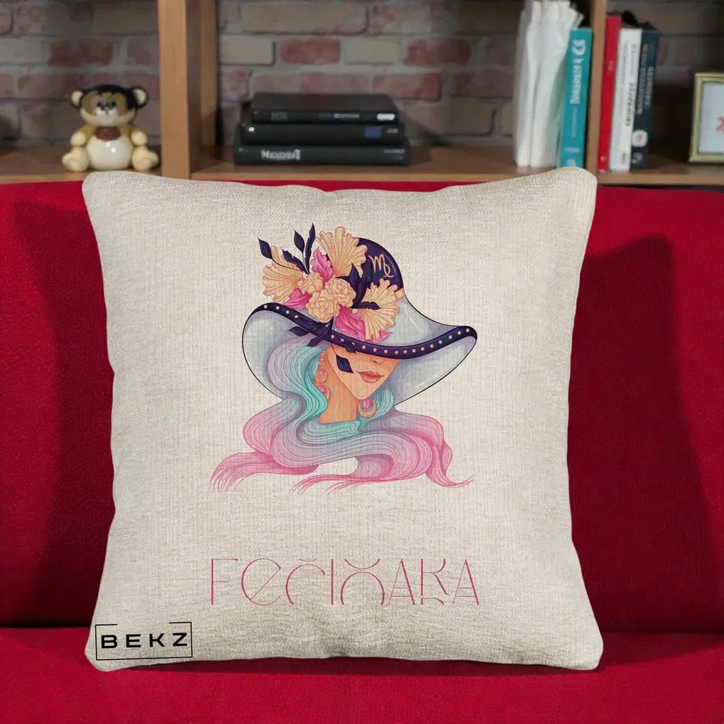 Perna Personalizata Zodie Fecioara, 40x40 cm, Bej Canapea, Husa Detasabila, Perna Inclusa, BEKZ®