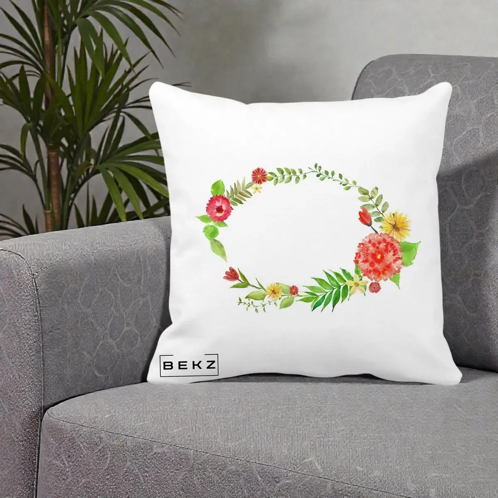 Perna Decorativa Coroana Florala Acuarela, 40x40 cm, Alba Mata, Husa Detasabila, Perna Inclusa, BEKZ®