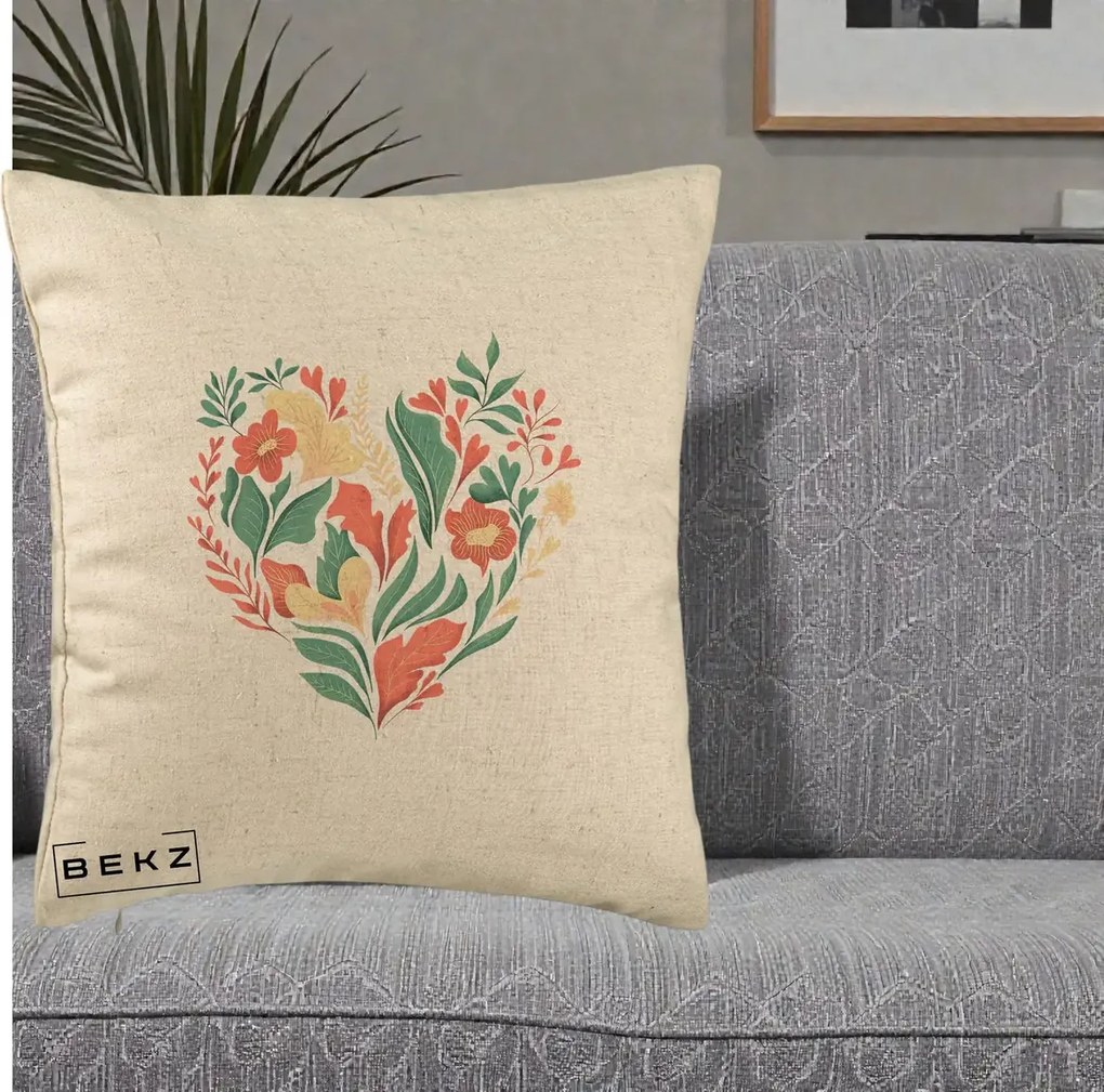Perna Decorativa Inima Florala Botanica, 40x40 cm, Bej, Husa Detasabila, Perna Inclusa, BEKZ®