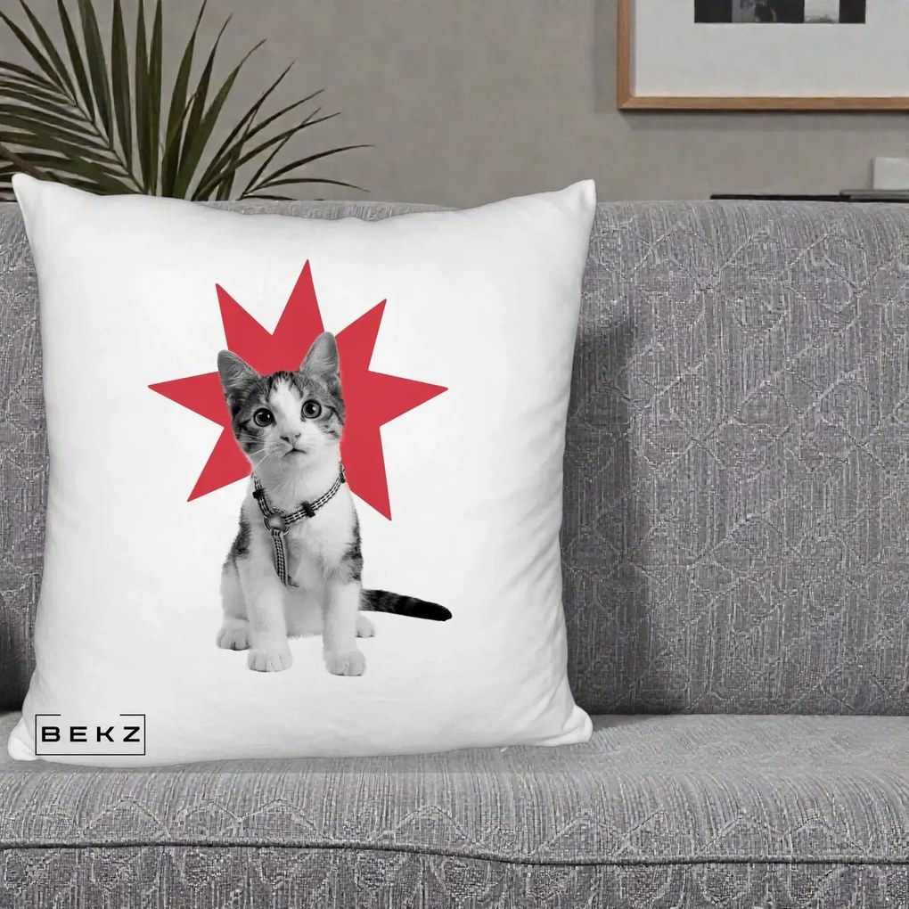 Perna Decorativa Pisica Star Pop Art, 40x40 cm, Alb Pufos, Husa Detasabila, Perna Inclusa, BEKZ®