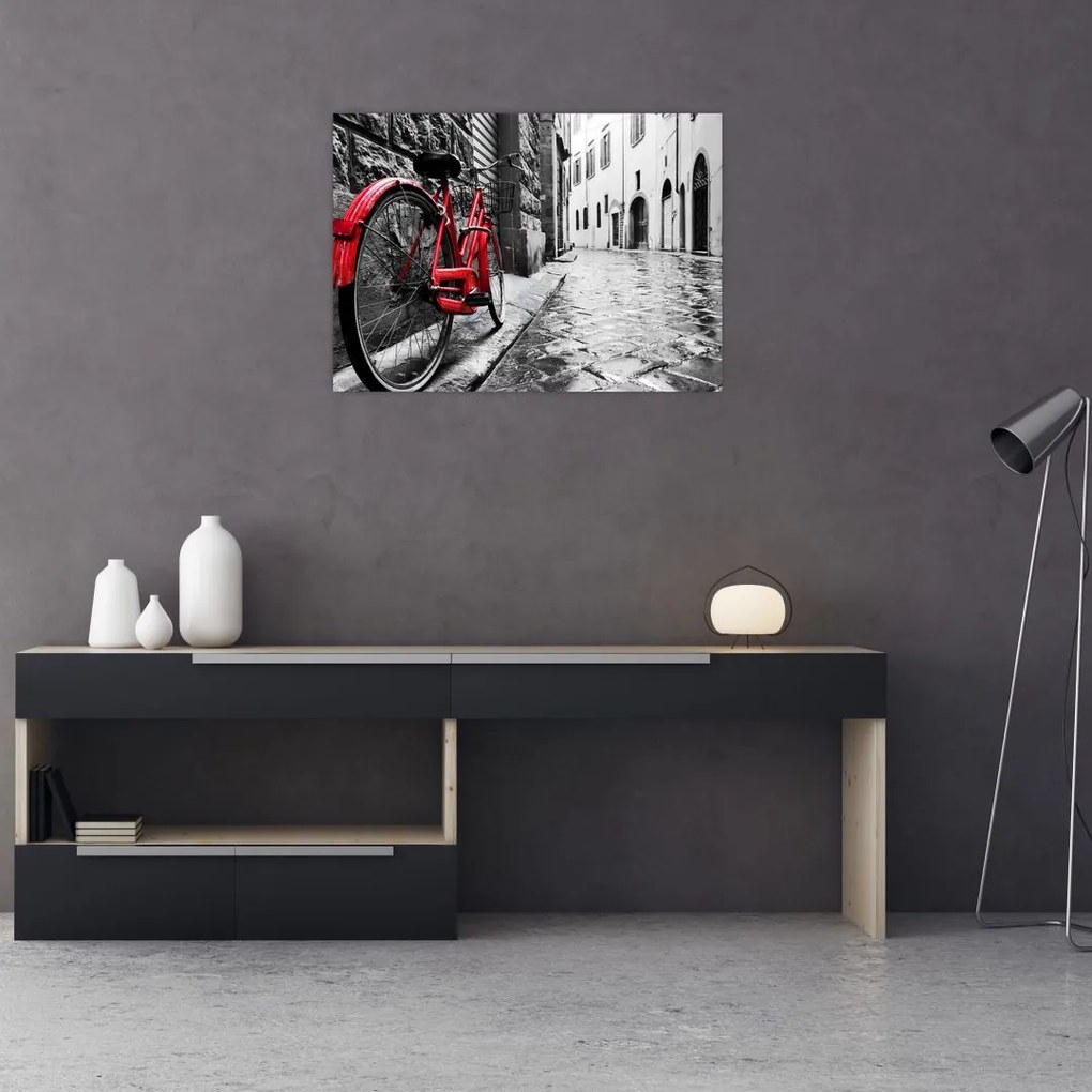 Tablou pe sticlă - Bicicleta roșie pe o stradă pavată (70x50 cm)